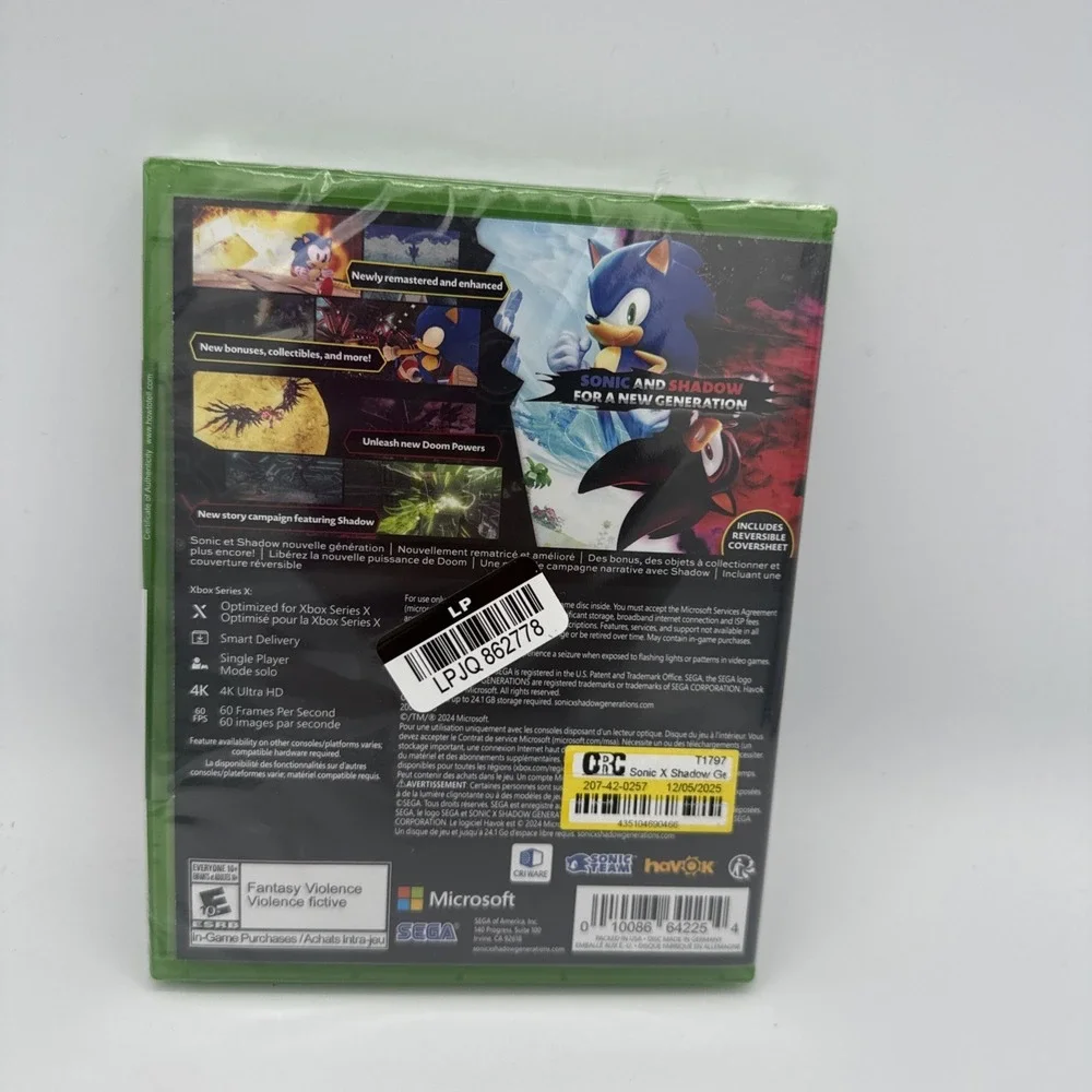 Sonic Shadow Generations Day One Edition (Xbox‎ Series X/Xbox One) - NEW SEALED